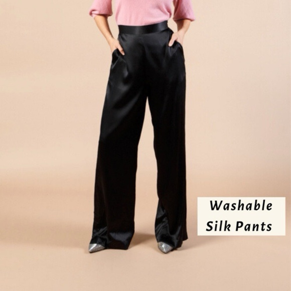 Babaton Black Wide-Leg Silk Pants